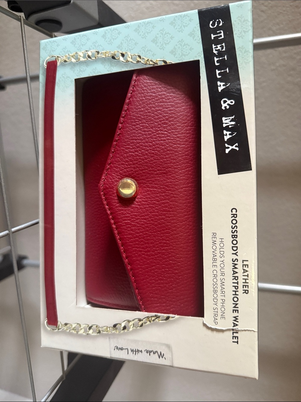Stella & Max Red Leather Crossbody Smartphone Wallet with Gold Chain